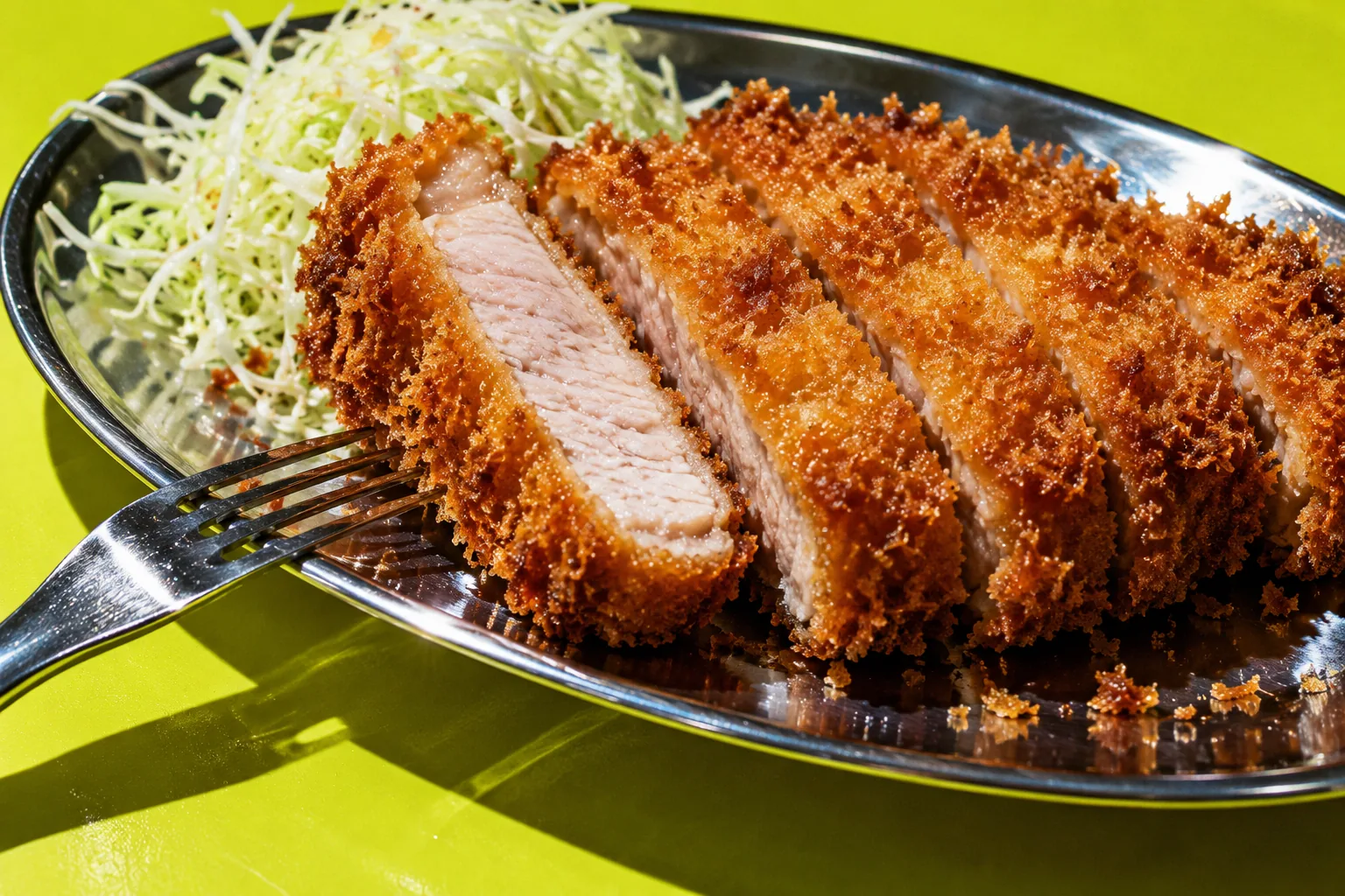 라임색 배경 위 바삭한 카츠 화보